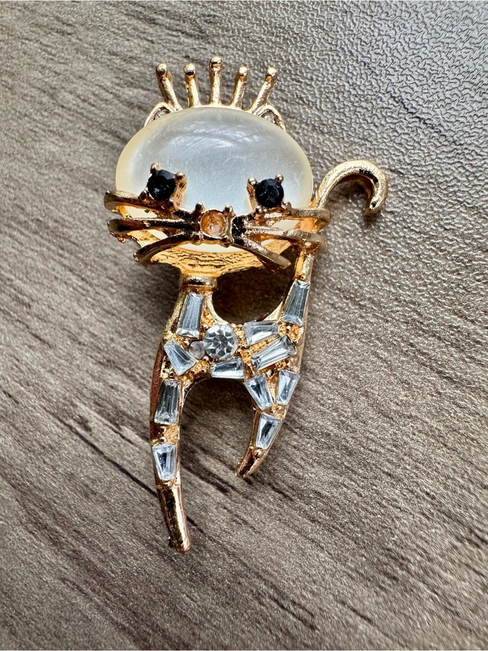 Cat with Crown Brooch with Pearl-Look Head and Clear Crystal Accents 2”